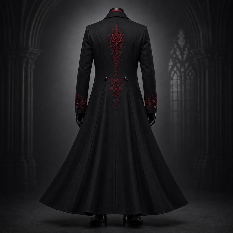 Full length front display of Victorian tailcoat designed for gothic formal fashion with baroque inspired detailing, floor sweeping frock style jacket, burgundy floral embroidery, premium black wool fabric, fitted ceremonial vest, elegant neckwear, luxury evening clothing, Dracula inspired outfit, renaissance event apparel, aristocratic costume, theatrical wardrobe, dark fantasy clothing, historical inspired mens fashion, collector quality outerwear