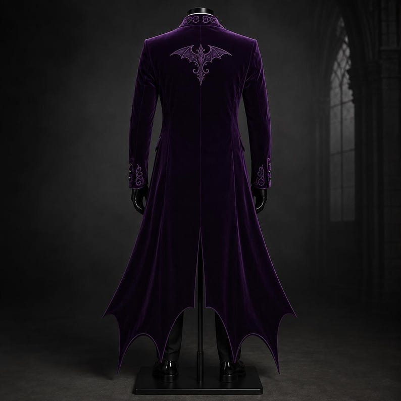 Royal Purple Vampire Long Suit Set -Victorian Embroidered Tailcoat Suit, Aristocrat Wedding Outfit, Gothic Wedding Coat, Cotton Trench Coat