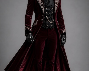 Men's Burgundy Velvet Victorian Suit Gothic Wedding Coat Gothic Groom Tailcoat Dracula Style Coat Regency Frock Coat Dark Academia Jacket