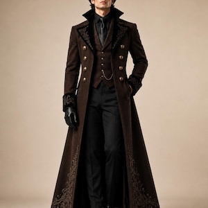 May include: A long brown coat featuring gold buttons, black velvet lapels, and cuffs with intricate embroidery. The coat is worn over a brown vest with a gold chain, a black shirt, a black tie, black trousers, and black leather dress shoes.