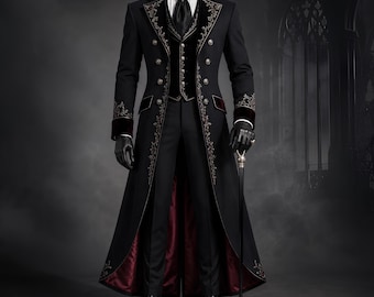 Men's Dracula Gothic Tailcoat, Victorian Vampire Coat, Halloween Wedding Jacket, Black Embroidered Regency Frock Coat, Gothic Suit