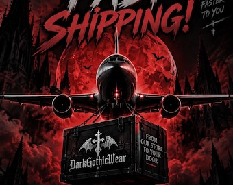Op de afbeelding: Een donker vormgegeven afbeelding met een zwart vliegtuig dat een krat draagt met het label DarkGothicWear. De tekst luidt DarkGothicWear, Wear the Darkness, Fast Shipping, Dark Style Faster to You, From Our Store to Your Door en Gothic Style No More Wait.