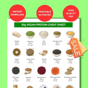 Può includere: Infografica colorata "30g Vegan Protein Cheat Sheet" con illustrazioni di varie fonti proteiche vegetali. Include tempeh, edamame, tofu, semi di zucca, lenticchie, semi di canapa, arachidi, fagioli neri, ceci, semi di chia, mandorle, fagioli rossi, pasta di lenticchie rosse e pistacchi.