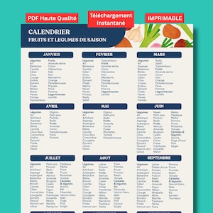 May include: A colorful seasonal fruits and vegetables calendar in French, with months from January to September. Includes lists of produce like apples, carrots, and lettuce.