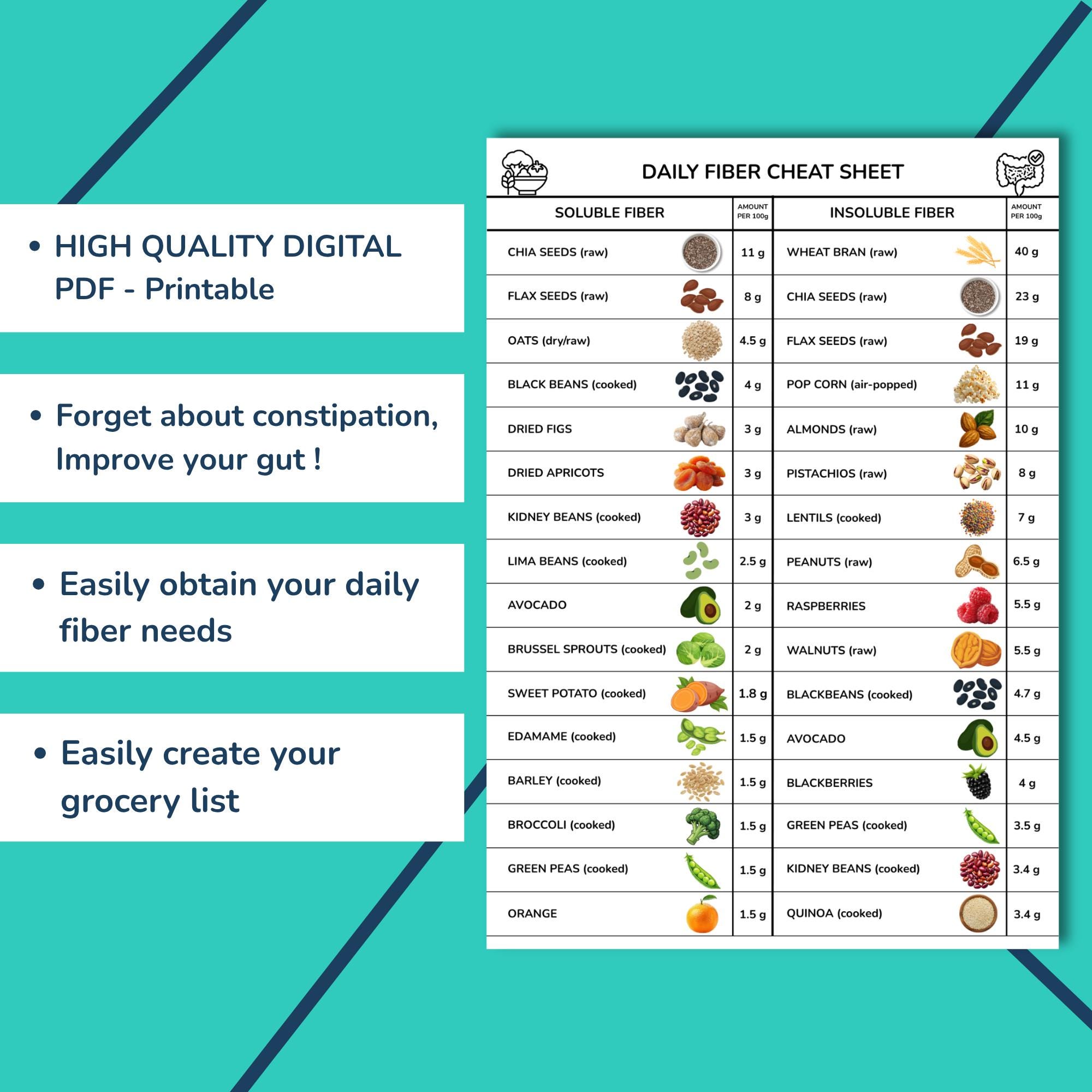 Daily Fiber Cheat Sheet PDF | Gut Health Food Poster | Kicthen Wall Art ...