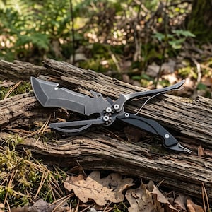 May include: A tactical knife with a black handle and a gray blade rests on a weathered log in a forest setting. The knife features a unique design with multiple cutting edges and a curved handle, ideal for outdoor activities.