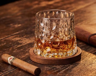Spinning Whiskey Glass with Wooden Base, Rotating Stress Relief Tumbler, Luxury Rocks Glass for Him, Unique Housewarming Gift for Boss