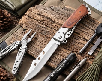 Wood handle pocket knife groomsmen gift for him folding camping knife everyday carry mens anniversary gift stainless steel blade