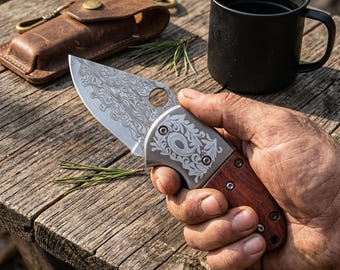 Mini Damascus Folding Keychain Knife - Portable EDC Utility Tool, Wood Handle, Vintage Gift for Him/Dad, Compact Package Opener