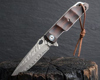 Damascus Pocket Knife VG10 Core Father's Day Gift for Men Wood Handle Folding Knife Groomsmen Gift Husband Anniversary Gift Ball Bearing EDC