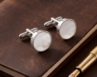 Mother of Pearl Cufflinks for Men | Natural White Shell Cuff Links | Father's Day Gift 2026 | Groomsman Wedding Accessory | Silver Jewelry