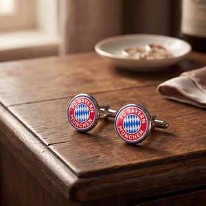 Könnte beinhalten: Ein Paar silberne Manschettenknöpfe mit dem FC Bayern München Logo, mit einem rot-weißen kreisförmigen Design und einem blau-weißen Rautenmuster. Die Manschettenknöpfe werden auf einer dunklen Holzoberfläche präsentiert.
