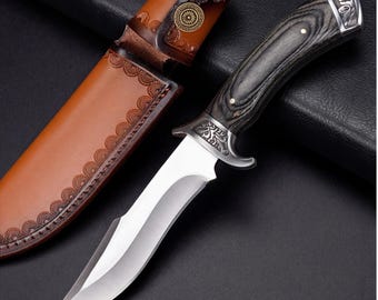 Fixed Blade Hunting Knife Leather Sheath Fathers Day Gift for Husband Wood Handle Camping Knife Outdoor Bushcraft Gear Men Boyfriend Gift