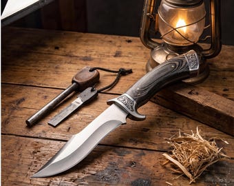 Fixed Blade Hunting Knife with Engraved Bolsters Wood Handle Sheath Father's Day Gift for Men Husband Birthday Present Camping Gear