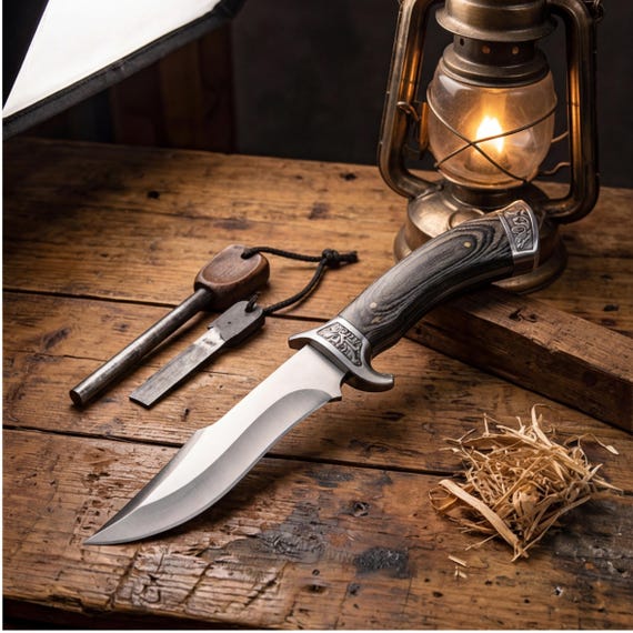 Fixed Blade Hunting Knife with Engraved Bolsters Wood Handle Sheath Father's Day Gift for Men Husband Birthday Present Camping Gear