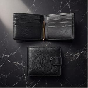 May include: Two black leather wallets on a dark marble surface. One wallet is open, revealing card slots and a gold-colored money clip. The other wallet is closed with a snap closure. Both wallets have a textured finish.