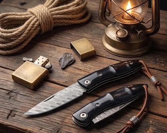 Ox Horn Damascus Folding Knife VG10 Steel Blade Non-locking Slip Joint Folder Father's Day Gift for Men Husband Anniversary Gift for Him
