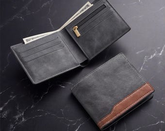 Mens Patchwork Wallet Vintage Style Bifold Vegan Leather Card Case Slim Two Tone Wallet for Husband Anniversary Gift Neutral Accessory