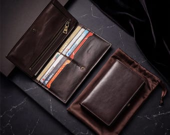 Distressed Vegetable Tanned Leather Long Wallet for Men Wabi-sabi Aged Bifold Wallet Father's Day Gift 2026 Husband Anniversary Present