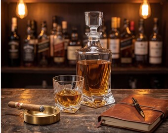 May include: A crystal whiskey decanter with a square stopper and a matching tumbler sit on a wooden surface. A lit cigar rests in a gold ashtray, next to a leather-bound journal and pen. Shelves of liquor bottles are in the background.