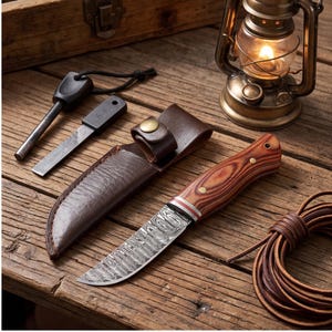 FixedBlade Camping Knife Damascus Pattern Wood Handle Father's Day Gift 2026 Groomsmen Gift Idea Outdoor Bushcraft Knife with Leather Sheath