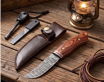 FixedBlade Camping Knife Damascus Pattern Wood Handle Father's Day Gift 2026 Groomsmen Gift Idea Outdoor Bushcraft Knife with Leather Sheath