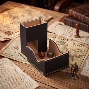 Op de afbeelding: Een zwarte dobbelsteentoren en dienbladset met beige interieur, witte stiksels en twee dobbelstenen. De set staat op een houten tafel met kaarten en boeken, wat wijst op een tabletop gaming thema. Een rode D20 en een gouden dobbelsteen zijn zichtbaar.