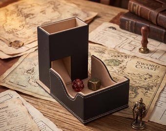 Portable Dice Tower with Storage | Foldable RPG Dice Tray | Premium PU + Velvet | Gift for D&D Players | Grid Pattern, Magnetic Closure