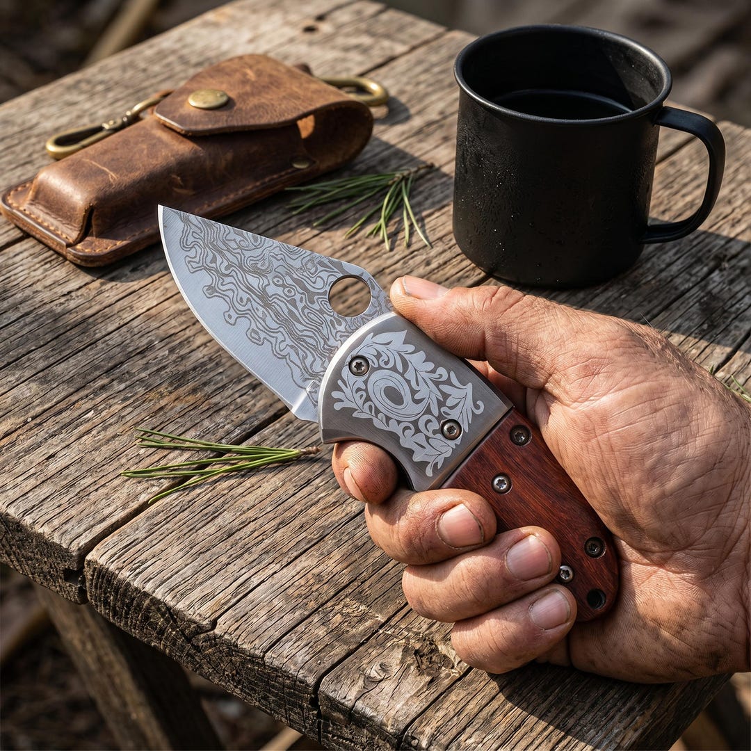 Mini Damascus Folding Keychain Knife - Portable EDC Utility Tool, Wood ...