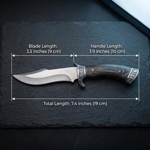 May include: A stainless steel knife with a dark wooden handle and decorative metal accents. The blade is 3.5 inches (9 cm) long, the handle is 3.9 inches (10 cm), and the total length is 7.4 inches (19 cm).