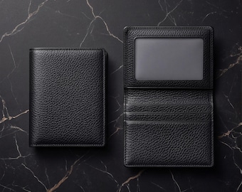 Men's Genuine Leather Business Card Holder, Pebbled Leather Card Case with ID Window, Snap Closure, Professional Gift for Him