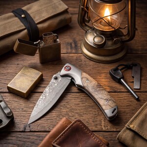 Op de afbeelding: Een verzameling outdoor- en survivaluitrusting op een houten oppervlak. De items omvatten een vouwmes met een patroon op het lemmet en een houten handvat, een messing aansteker, een vintage lantaarn en een canvas rol.