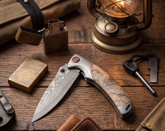 Damascus Steel Folding Knife Burl Wood Handle Ball Bearing Flipper Groomsmen Gift Father's Day Gift for Dad Husband Anniversary EDC Tool