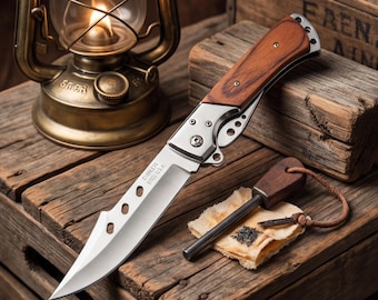 Large Folding Pocket Knife Wood Handle Trailing Point Blade Camping Survival Tool Father's Day Gift for Men Husband Anniversary EDC Gear