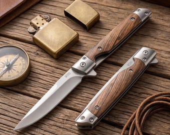 Damascus Pattern Pocket Knife Wood Handle Folding Blade Hunting Knife Mens Gift for Fathers Day Groomsman Gift Outdoor Camping Tool EDC Gear