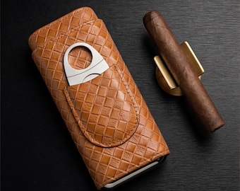 Luxury Woven Cigar Case and Cutter Set Brown Travel Humidor for 3 Cigars Graduation Gift for Him Unique Gift for Dad Father's Day Gift 2026