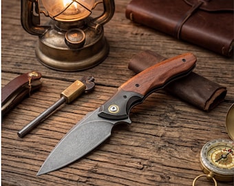 Stonewashed Folding Knife Wood Handle Pocket Knife Father's Day Gift for Men Husband Anniversary Gift EDC Tactical Blade Survival Tool