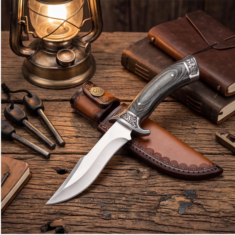 May include: A hunting knife with a silver blade and a dark wood handle rests in a brown leather sheath. The knife is on a wooden surface with a vintage lantern, fire starters, and leather-bound books.