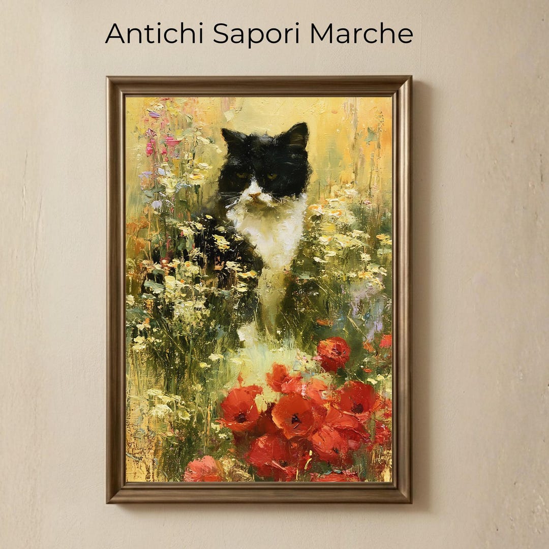 Impressionist Tuxedo Cat Oil Painting Print, Black and White Cat in ...