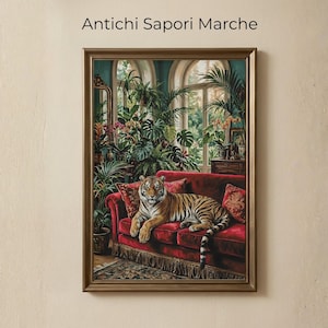 Tiger on Red Velvet Sofa Wall Art, Luxury Jungle Decor, Vintage Style Print, Elegant Animal Poster, Maximalist Botanical Art