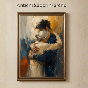 Può includere: Stampa artistica incorniciata con un dipinto astratto di due figure che si abbracciano. L'opera utilizza una tavolozza di blu, bianchi e oro, con pennellate visibili. La cornice è di un tono caldo e neutro, e il testo "Antichi Sapori Marche" è in alto.