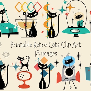 May include: Printable retro cat clip art featuring black cats in various mid-century modern settings, including a car, a cocktail glass, and a space-age pod. The image includes the text "Printable Retro Cats Clip Art 18 images."