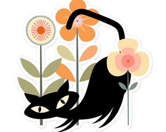 Retro Black Cat Floral Sticker
