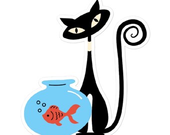 MCM Black Cat Kiss-Cut Sticker | Retro Cat & Goldfish Bow