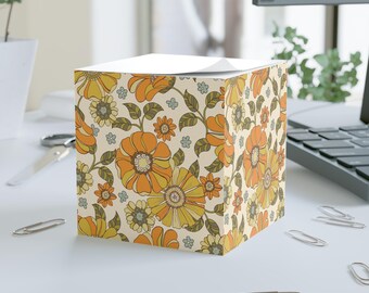 Retro Floral Note Cube | 70s Inspired Desk Memo Pad | Vintage Flower Sticky Notes