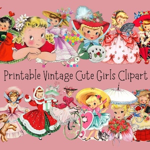 Puede incluir: Una colección de imágenes prediseñadas de estilo vintage con ilustraciones de chicas lindas en varios atuendos y poses. Las chicas tienen mejillas rosadas, usan sombreros, vestidos y sostienen objetos. El texto "Printable Vintage Cute Girls Clipart" se muestra sobre un fondo rosa.