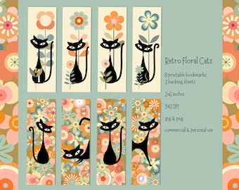 Retro Floral Cat Bookmarks - Mid Century Modern Cats  - Instant Download - jpg - png
