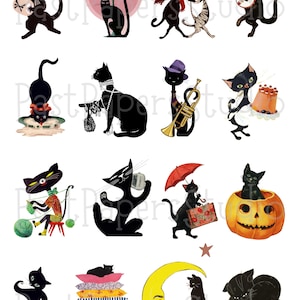 May include: A collection of whimsical black cat illustrations in various poses. Cats are depicted with accessories like hats, musical instruments, and luggage. Some cats are dancing, knitting, or sitting on pillows. The overall style is vintage and playful.