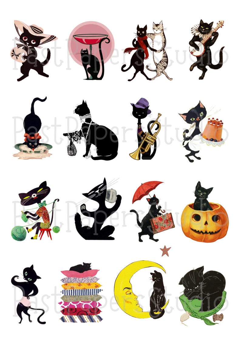 May include: A collection of whimsical black cat illustrations in various poses. Cats are depicted with accessories like hats, musical instruments, and luggage. Some cats are dancing, knitting, or sitting on pillows. The overall style is vintage and playful.
