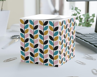 Mid Century Leaf Pattern Note Cube | Retro Desk Memo Pad